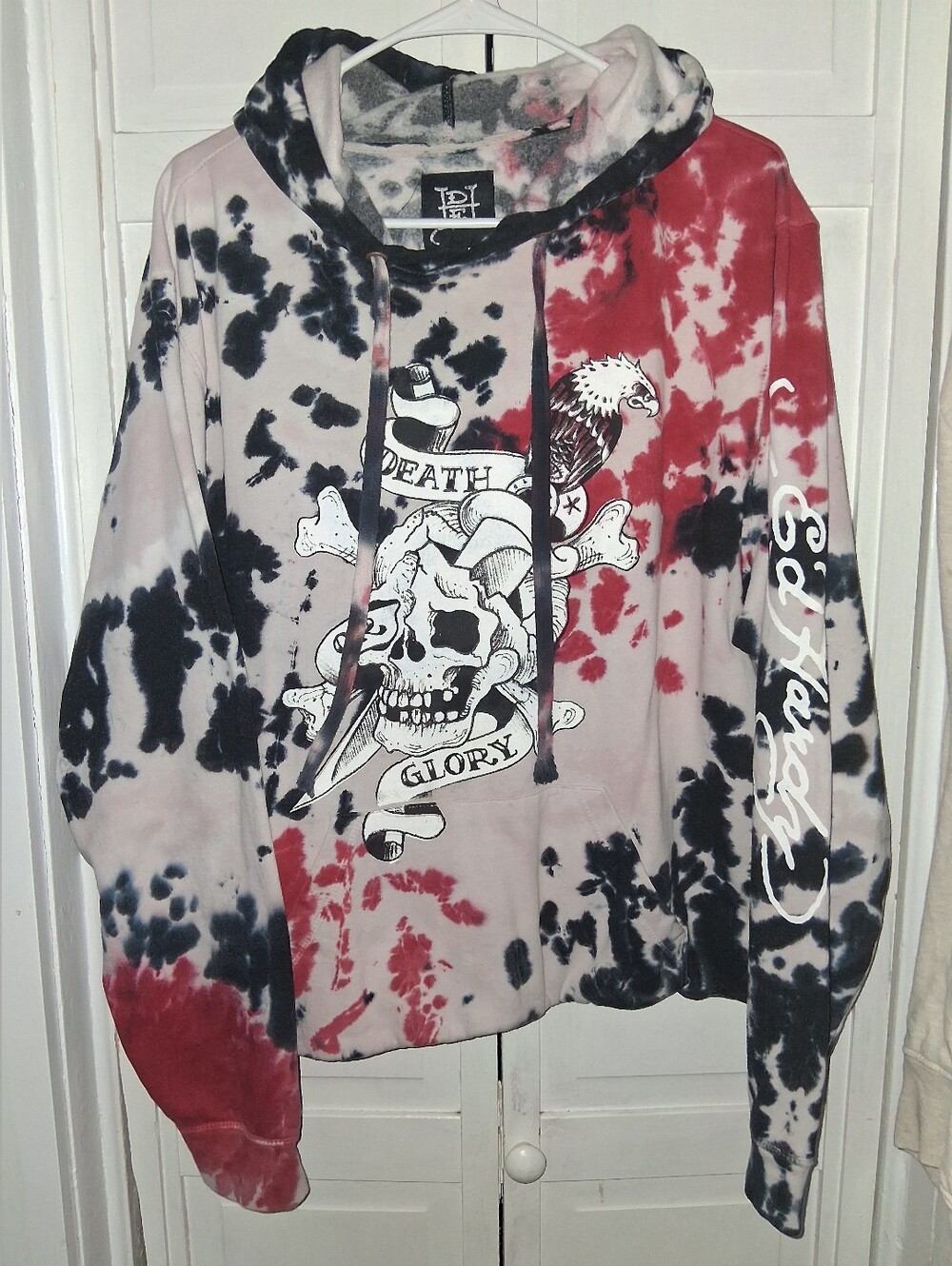Ed Hardy Tie-Dye Skull "Death & Glory" Hoodie in Black, Red, White